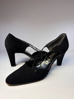 Deliso Black Suede Criss Cross Heels Pumps Size 9N Vintage Evening Cocktail Shoe